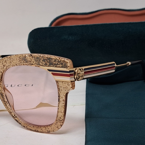 Gucci Women's Sunglasses Gold Glitter Web Stripe Square GG0281SA 004 50-23-146 - Picture 3 of 15